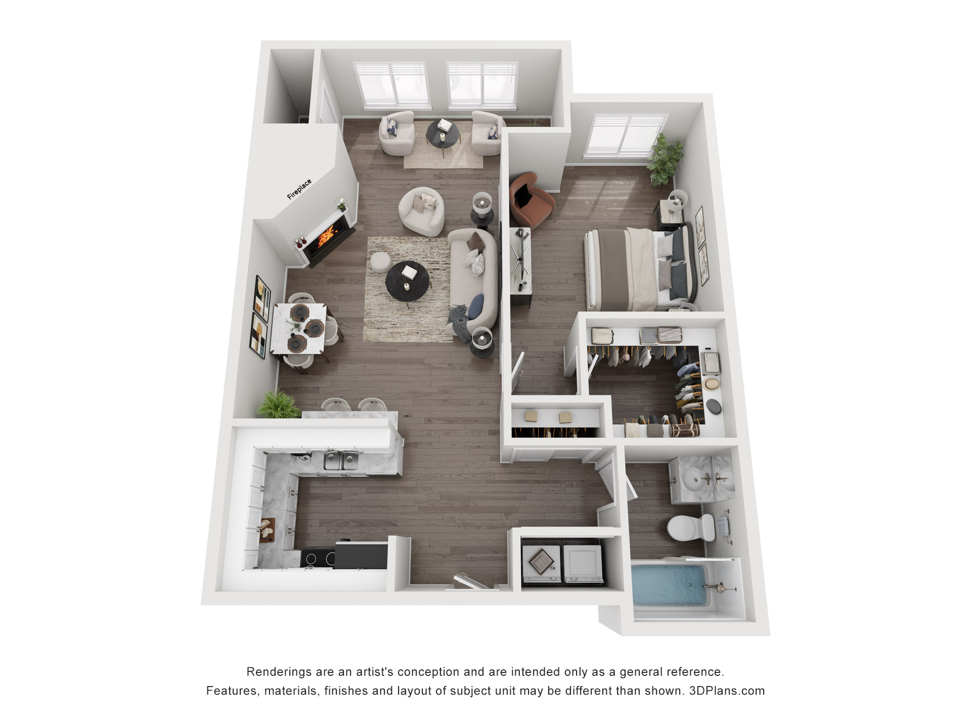 Floor plan for 1 bed, 1 bath, 850 sqft